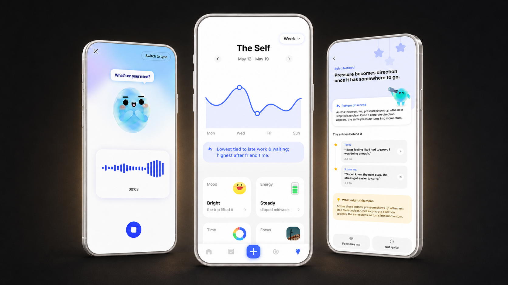AI voice-journaling app screens for speaking freely, finding recurring patterns, and exploring personalized insights